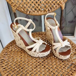 Tory burch  Ida Lattice Cutout Wedge Leather Sandals Cream Ivory Platform